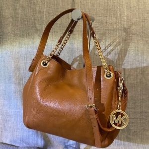 Michael Kors Tan Leather Shoulder Crossbody Bag with gold chain detail.